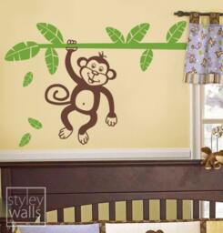 Monkey & Branch Wall Decal, Jungle Holding With Leaves Vinyl Decal For Kids, Nursery Kids Room Sticker