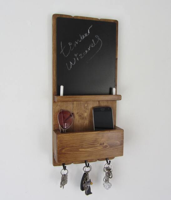 Reclaimed Wood Kitchen Organizer 3 Hook Key Holder Mail Caddy Letter Rack & Chalk Board/Large A3 Size Blackboard - image 1