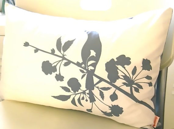 Grey Print On Off White Blooming Blossom Rectangle Pillow - image 1