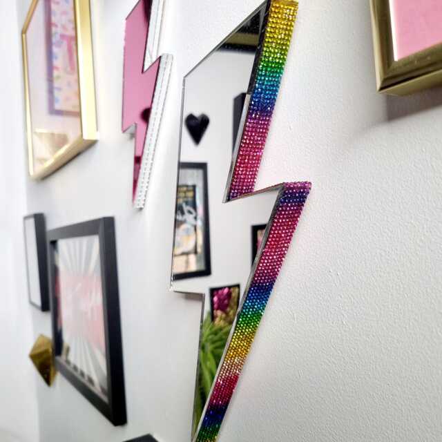 Rainbow Rhinestone Lightning Bolt Mirror Handmade Eclectic Wall Decor - image 1