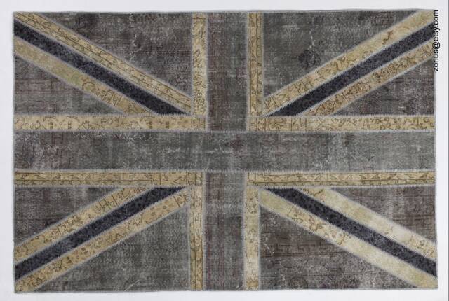 Union Jack Rug Hand-stitched Turkish Patchwork, Grey & Beige - image 1
