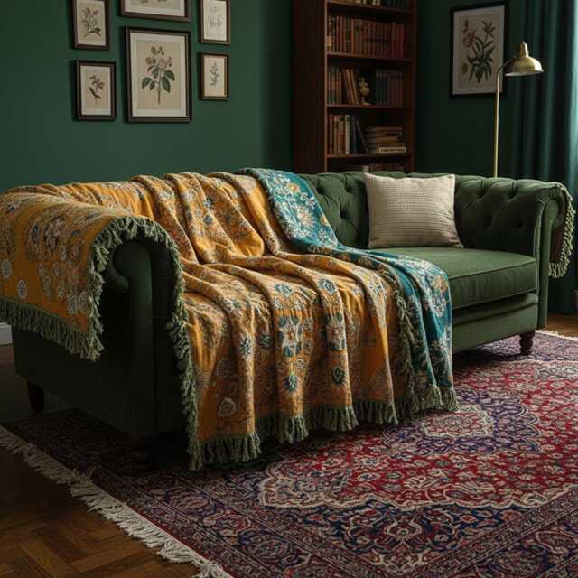 Boho Woven Throw Blanket With Tassels Large Sofa/Bedspread Mustard & Teal Pattern 3 Sizes - image 1