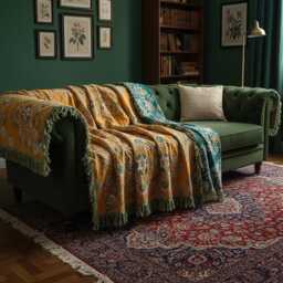 Boho Woven Throw Blanket With Tassels Large Sofa/Bedspread Mustard & Teal Pattern 3 Sizes - thumbnail 1