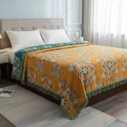 Boho Woven Throw Blanket With Tassels Large Sofa/Bedspread Mustard & Teal Pattern 3 Sizes - thumbnail 3