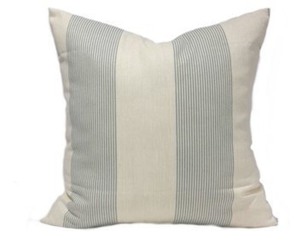 Custom Pillow Covers - Farmhouse Cottage Stripe Ticking Natural Linen Throw Pillows Decorative Accent 16x16 18x18 Blue Gray - image 1