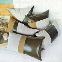 Color Block Faux Leather Pillow Cover Olive Green, Beige, Mustard - thumbnail 2