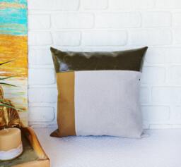 Color Block Faux Leather Pillow Cover Olive Green, Beige, Mustard
