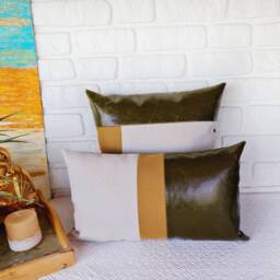 Color Block Faux Leather Pillow Cover Olive Green, Beige, Mustard - thumbnail 4