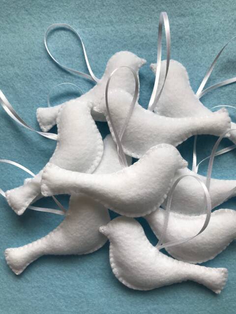 Handmade White Felt Birds, Christmas Tree Toppers, Decor Set Of 10 - image 1