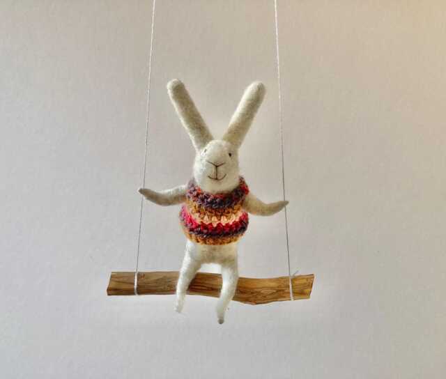 Gray Bunny On Swing, Needle Felted Animal, Nursery Decor, Baby Crib Mobile, Mobile - image 1