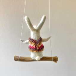 Gray Bunny On Swing, Needle Felted Animal, Nursery Decor, Baby Crib Mobile, Mobile - thumbnail 3