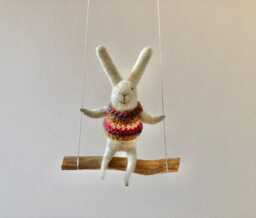 Gray Bunny On Swing, Needle Felted Animal, Nursery Decor, Baby Crib Mobile, Mobile