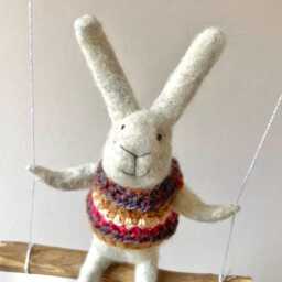 Gray Bunny On Swing, Needle Felted Animal, Nursery Decor, Baby Crib Mobile, Mobile - thumbnail 2