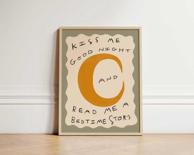 Bedtime Story Print, Kiss Good Night Nursery Illustration Wall Art, Eclectic Nursery, Kids Room Unframed - image 1