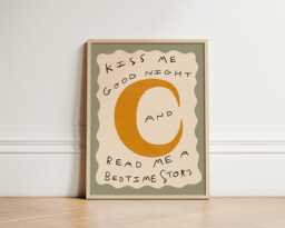 Bedtime Story Print, Kiss Good Night Nursery Illustration Wall Art, Eclectic Nursery, Kids Room Unframed - thumbnail 1