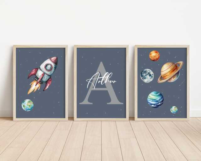Set Of 3 Personalised Space Prints, Planet Nursery Decor, Planets Kids Room Wall Art, Rocket Gifts, Custom Print Keep Sake - image 1
