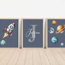 Set Of 3 Personalised Space Prints, Planet Nursery Decor, Planets Kids Room Wall Art, Rocket Gifts, Custom Print Keep Sake - thumbnail 3