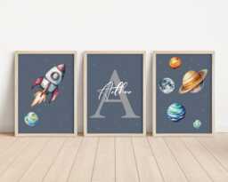 Set Of 3 Personalised Space Prints, Planet Nursery Decor, Planets Kids Room Wall Art, Rocket Gifts, Custom Print Keep Sake - thumbnail 1