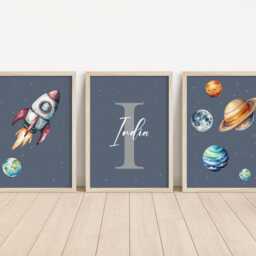 Set Of 3 Personalised Space Prints, Planet Nursery Decor, Planets Kids Room Wall Art, Rocket Gifts, Custom Print Keep Sake - thumbnail 2