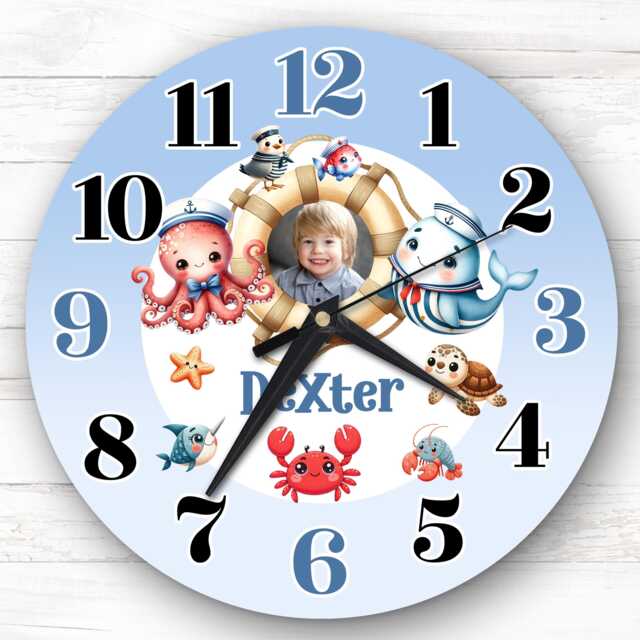 Sealife Cute Animals Photo Personalised Gift For Kid's Bedroom Clock - Kids Clock, Children's , Custom Wall - image 1