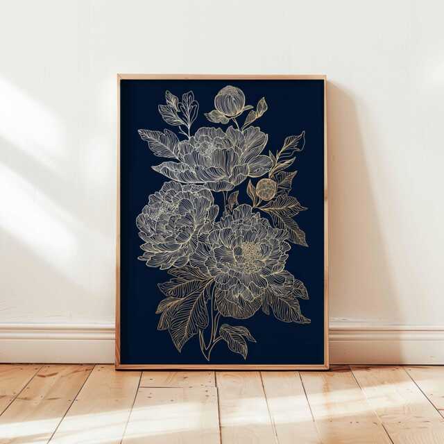 Gold Line Art Peony Print, Midnight Blue Floral Wall Art, Elegant Botanical Poster, Minimalist Illustration - image 1