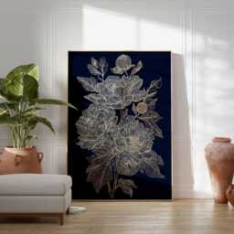 Gold Line Art Peony Print, Midnight Blue Floral Wall Art, Elegant Botanical Poster, Minimalist Illustration - thumbnail 2