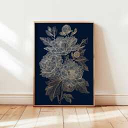 Gold Line Art Peony Print, Midnight Blue Floral Wall Art, Elegant Botanical Poster, Minimalist Illustration - thumbnail 1