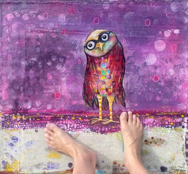 Hand-Painted Abstract Owl Floorcloth Durable Boho Kitchen Rug Purples - image 1