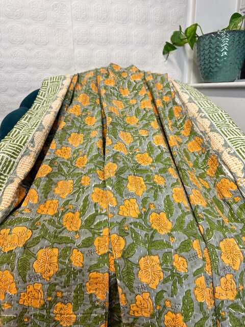 Kantha Stitch Pure Cotton Reversible Bed/Sofa Throw King Size - Handmade Handprinted Floral Dohar Grey Olive Mustard Yellow - image 1