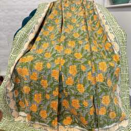 Kantha Stitch Pure Cotton Reversible Bed/Sofa Throw King Size - Handmade Handprinted Floral Dohar Grey Olive Mustard Yellow - thumbnail 2
