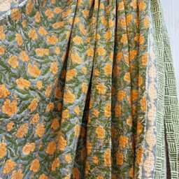 Kantha Stitch Pure Cotton Reversible Bed/Sofa Throw King Size - Handmade Handprinted Floral Dohar Grey Olive Mustard Yellow - thumbnail 3