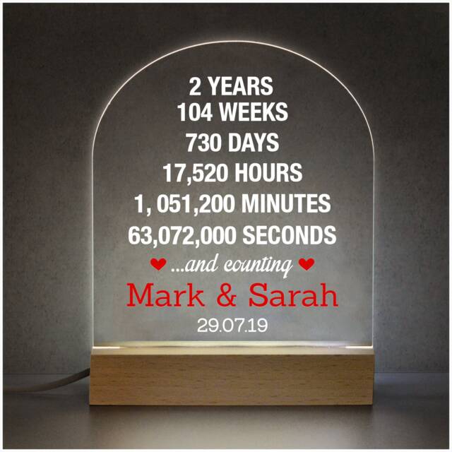 2nd Anniversary Gift For Husband Wife, Personalised Led Night Light Sign, Wedding Anniversary, 2 Year Boyfriend - image 1