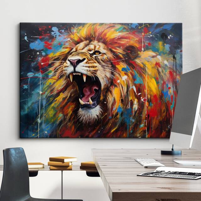 Colorful Lion Roar Abstract Oil Painting Splatter Style Wall Art, Framed Canvas Poster Print, Home Kitchen Office Room Decor, Gifts - image 1