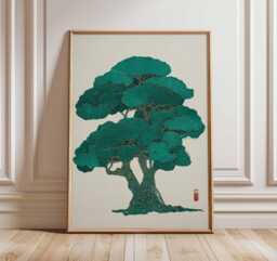 Japanese Tree Art Print, Minimalist Nature Poster, Zen Botanical Wall Art, Modern Green Artwork, Asian Inspired Home Decor - thumbnail 1