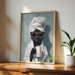 Funny Cat Wall Art, Sunglasses Poster, Bathroom Animal Painting, Kitchen Coffee Decor, Maximalist Dopamine Whimsical Print - thumbnail 3