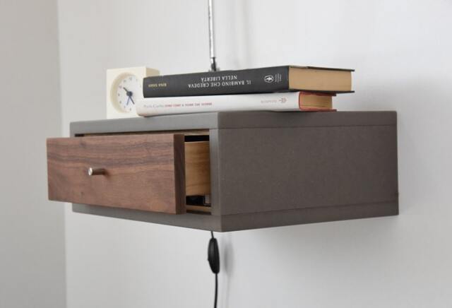 Concrete Gray Floating Nightstand With Drawer in Walnut Scandinavian Design - image 1
