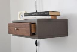 Concrete Gray Floating Nightstand With Drawer in Walnut Scandinavian Design - thumbnail 1