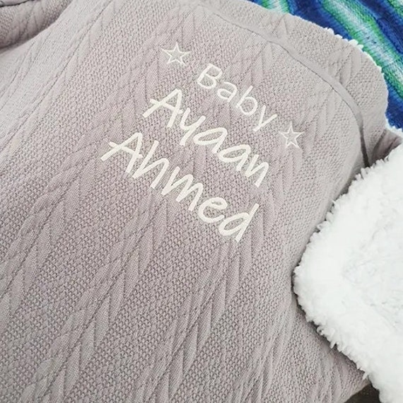 Personalised Baby Blanket - Name Embroidery Cable Knit Wrap - image 1