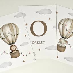 Set Of 3 Nursery Prints, Personalised Name Wall Art Set, Hot Air Balloon Elephant Lion Bedroom Print Gold Brown Neutral, Baby Gift - thumbnail 2
