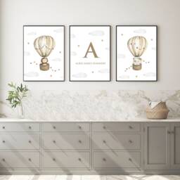 Set Of 3 Nursery Prints, Personalised Name Wall Art Set, Hot Air Balloon Elephant Lion Bedroom Print Gold Brown Neutral, Baby Gift - thumbnail 1