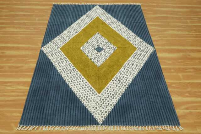 Handmade Block Printed Cotton Rug Blue & Yellow Flatweave - image 1