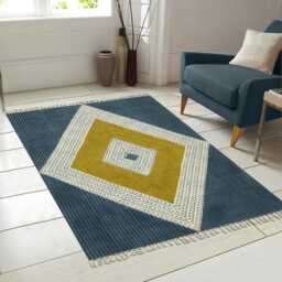 Handmade Block Printed Cotton Rug Blue & Yellow Flatweave - thumbnail 3