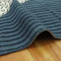 Handmade Block Printed Cotton Rug Blue & Yellow Flatweave - thumbnail 2