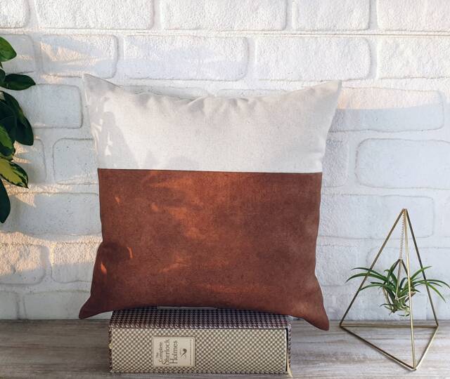 Terracotta Faux Leather & Linen Pillow Cover Color Block Design - image 1