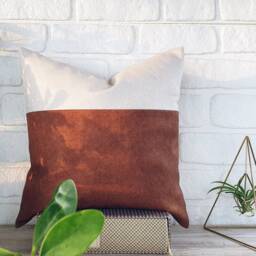 Terracotta Faux Leather & Linen Pillow Cover Color Block Design - thumbnail 3