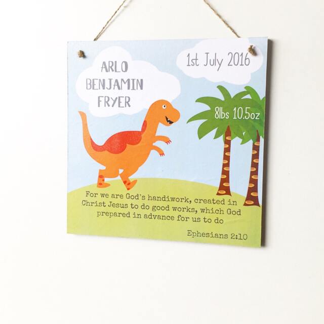 Dinosaur New Baby Plaque, Personalised Birth Announcement, Nursery, Wall Art, Gift, Christening Present - image 1