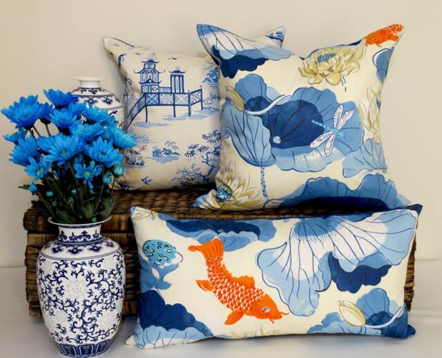 Chinoiserie Lotus Cushion Blue Cream Navy Porcelain Pillow Chintz Cotton Hamptons Accent Throw Oriental Koi Fish Pond Coastal Asian Toile - image 1