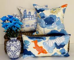 Chinoiserie Lotus Cushion Blue Cream Navy Porcelain Pillow Chintz Cotton Hamptons Accent Throw Oriental Koi Fish Pond Coastal Asian Toile - thumbnail 1