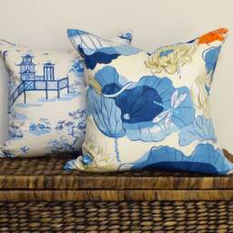 Chinoiserie Lotus Cushion Blue Cream Navy Porcelain Pillow Chintz Cotton Hamptons Accent Throw Oriental Koi Fish Pond Coastal Asian Toile - thumbnail 2