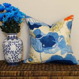 Chinoiserie Lotus Cushion Blue Cream Navy Porcelain Pillow Chintz Cotton Hamptons Accent Throw Oriental Koi Fish Pond Coastal Asian Toile - thumbnail 4